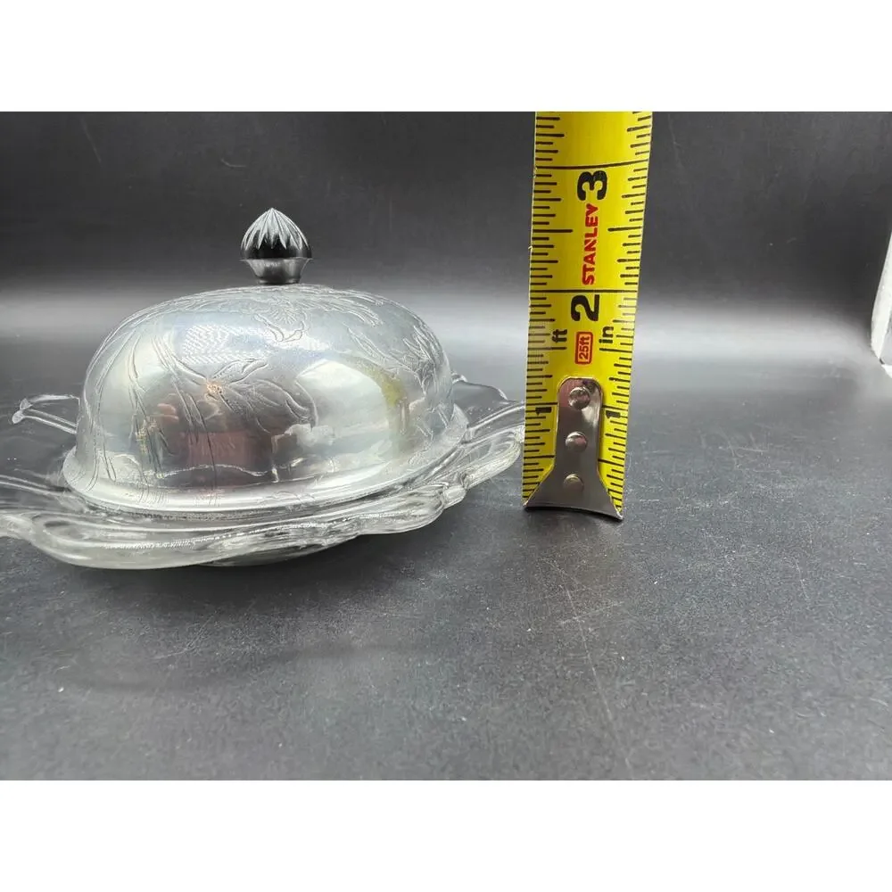 Vintage Clear Glass Butter Dish Embossed Aluminum Hibiscus Floral lid Bakelite